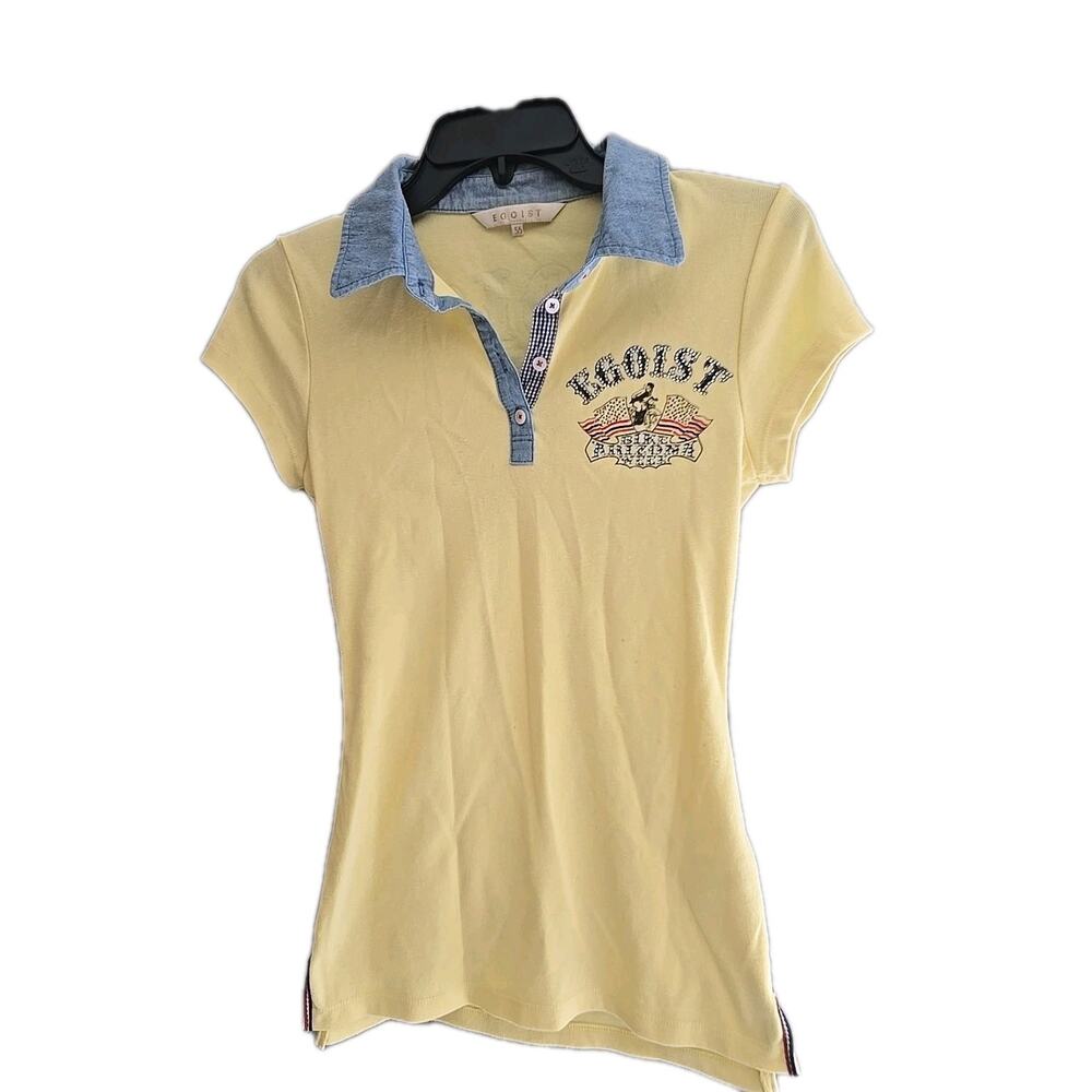 Y2k Egoist Yellow Collared‎ Embellished Short Sleeve Polo Shirt Womans Sz Medium